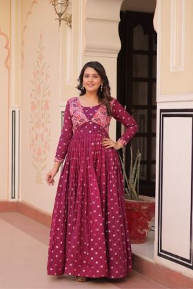 Wine Choli with Staple Jacquard Weaving Gown in an Elegant Position 