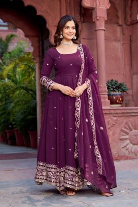 Wine Faux Georgette Dress with Sequins and Thread
