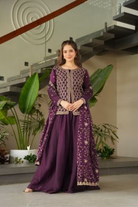 Kurti Sharara Dupatta Set in Wine Fendy Fabric with Zari Embroidery