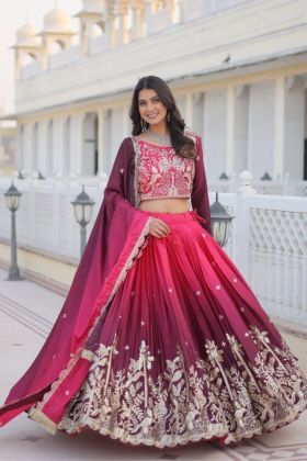 Peding Chinon Lehenga Choli Dupatta Set in Wine Pure