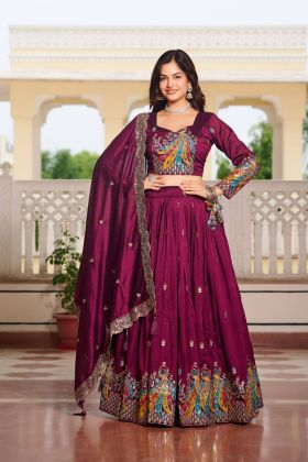 Wine Thread-embroidered Vichitra Lehenga Choli Dupatta Set