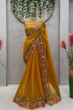 Yellow Color Wedding Wear Tibby Silk Pearl Work Fancy Saree