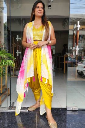 Yellow Dhoti Salwar Suit With Shibhori Print Shrug