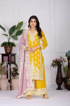Heavy Faux Yellow Georgette Suit Set with Kurta Pants and Dupatta