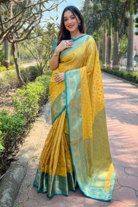 Yellow Traditional Zari Woven Saree from Pattu, Kanchipuram