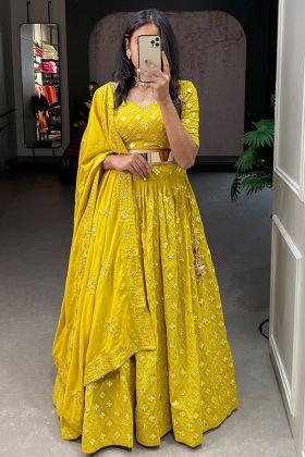 Yellow Paper Mirror Work Georgette Lehenga Choli