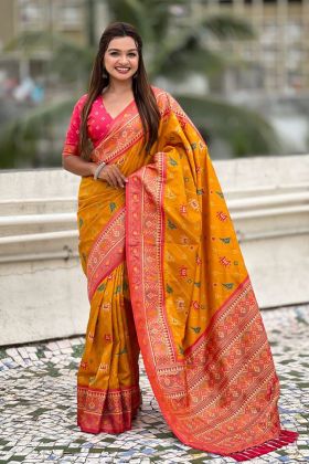 Zari Woven Yellow Pure Patola Premium Silk Saree.