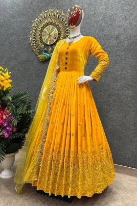 Yellow Viscose Velvet Embroidered Haldi Special Gown