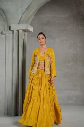 Yellow Chinon Lehenga with Embroidered Jacket and Crop Top