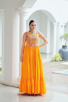 Yellow Embroidered Navratri Gown by Designer Kutchi Gamthi
