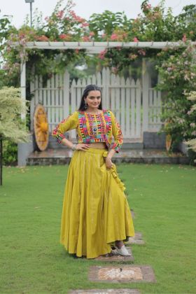 Yellow Lehenga with Embroidered Top in Festive Roman Fabric