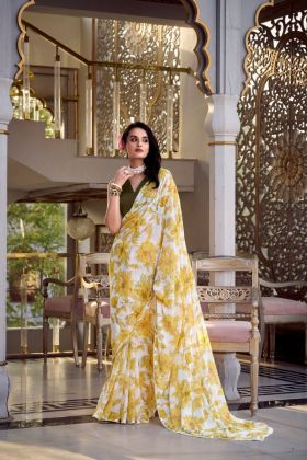 Moonga Silk Blouse with Yellow Floral Printed Marble Look Saree