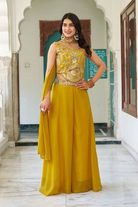 Yellow Star Embroidered Top and Dupatta Georgette Top Plazzo Set