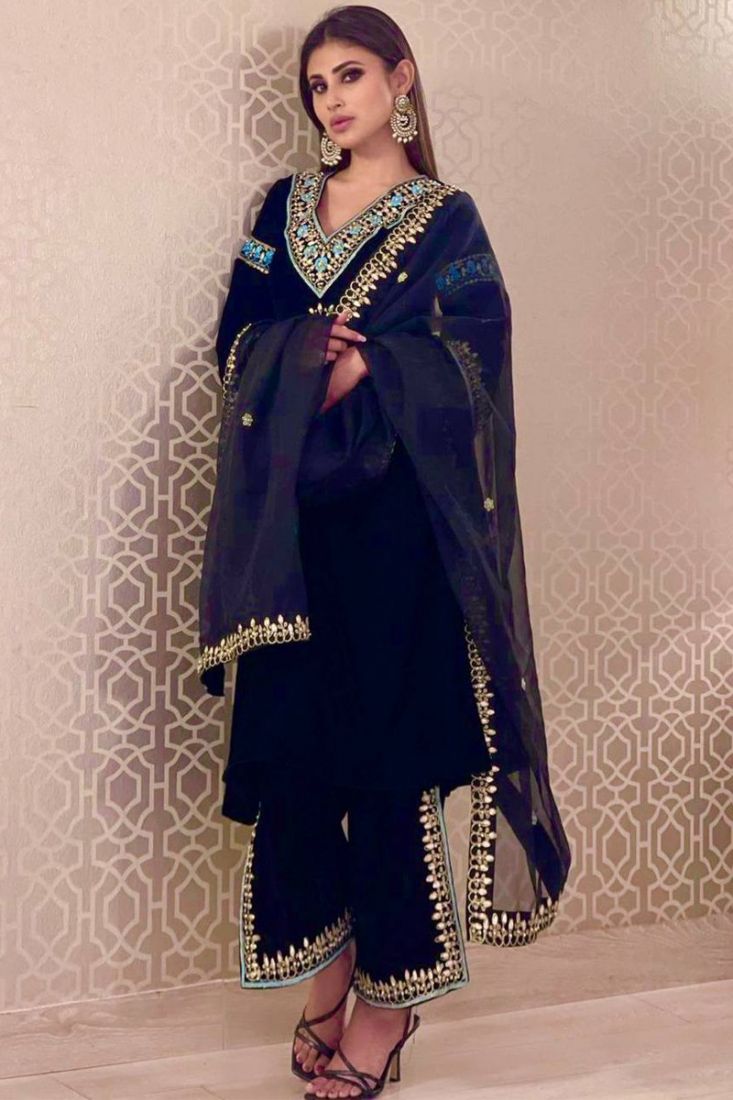 Actress Mouni Roy Style Dark Navy Blue Dress