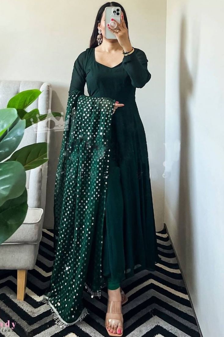 Embroidered Crepe Anarkali Suit in Dark Green : KJN4362
