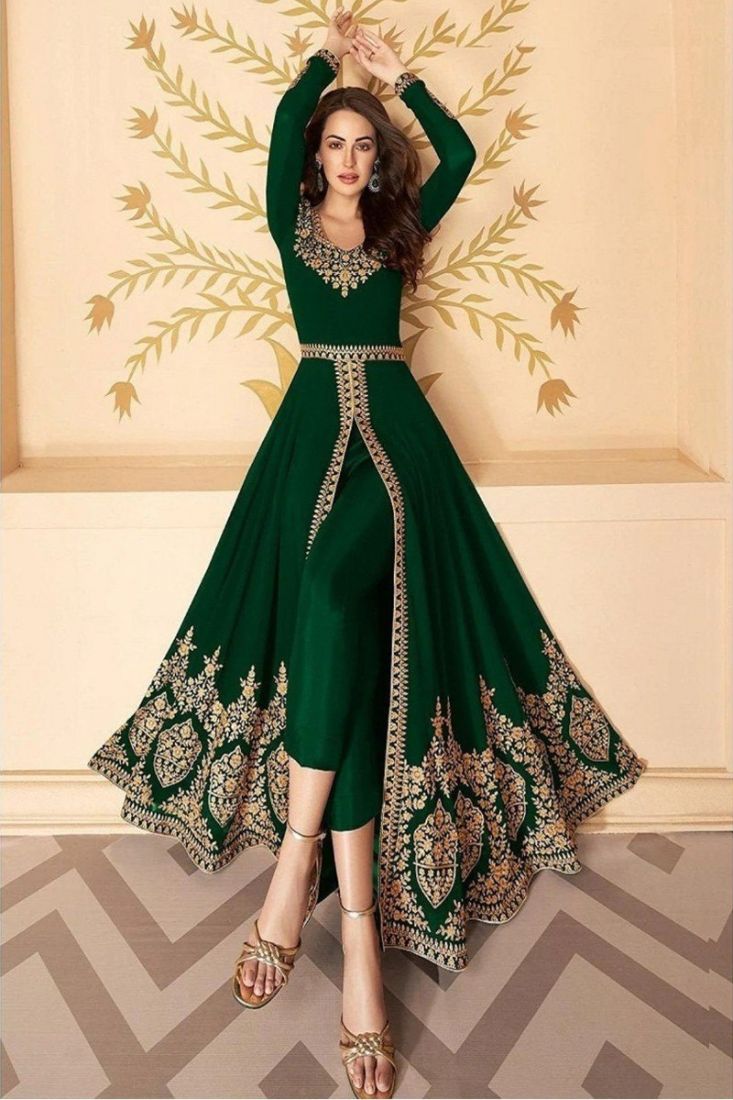 dark green muslin readymade gown with thread embroidery online fabgo20240  fabanza