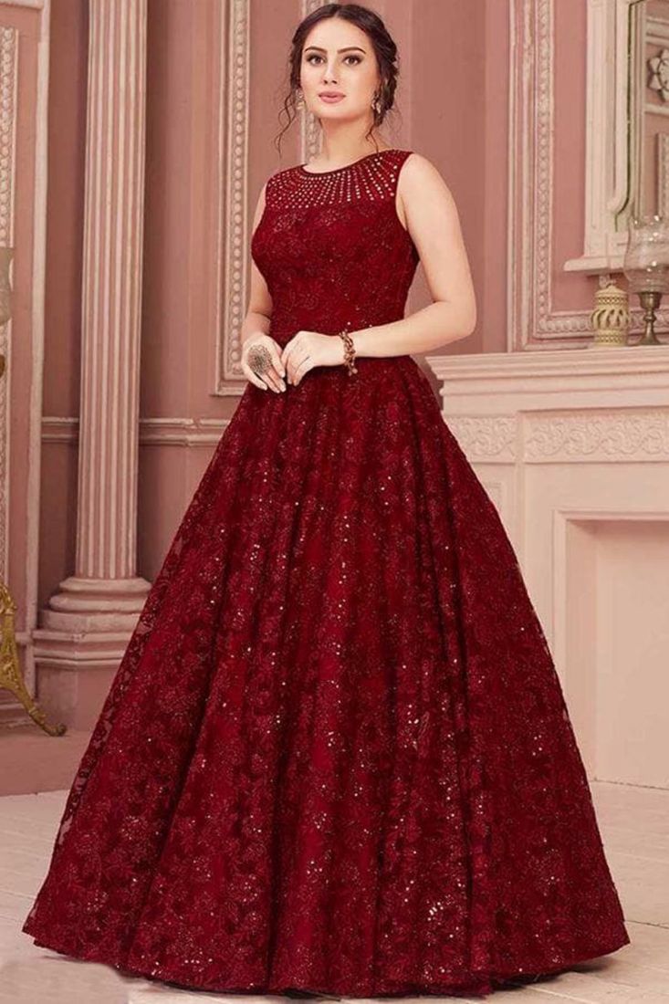 Red Foilage Print Taffeta Silk Party Wear Gown Semi Stitched