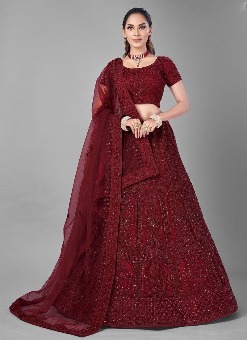 Blood Red Soft Net Wedding Lehenga Choli