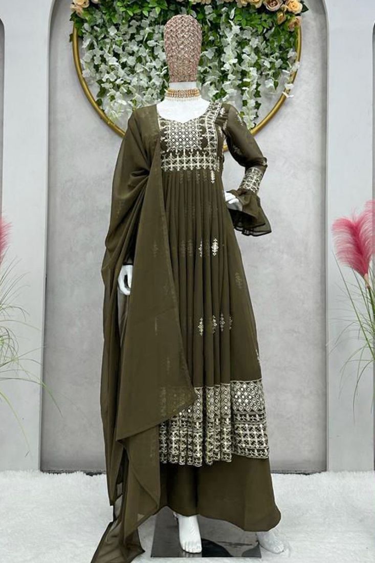 Brown Sequence Work Alia Cut Stitch Dress