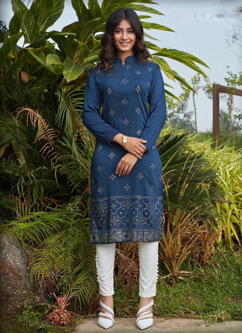 Blue handwoven cotton peaked lapel collar kurti – GoCoop