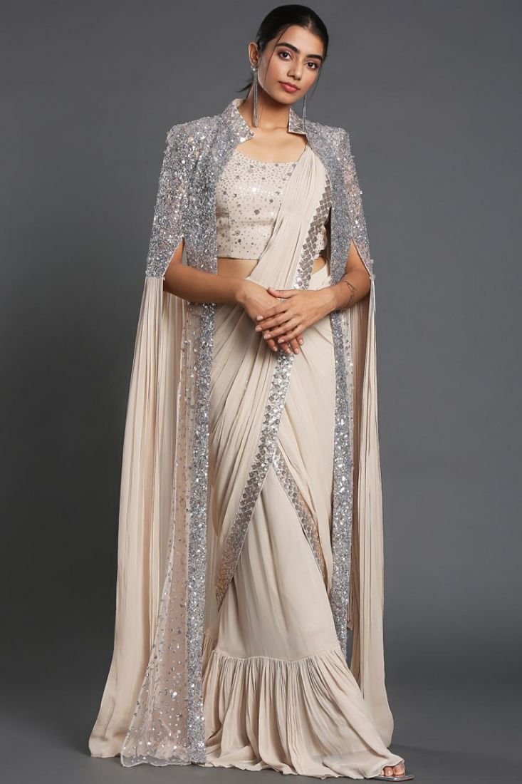 Cream Heavy Georgette Frill Saree With Shrug