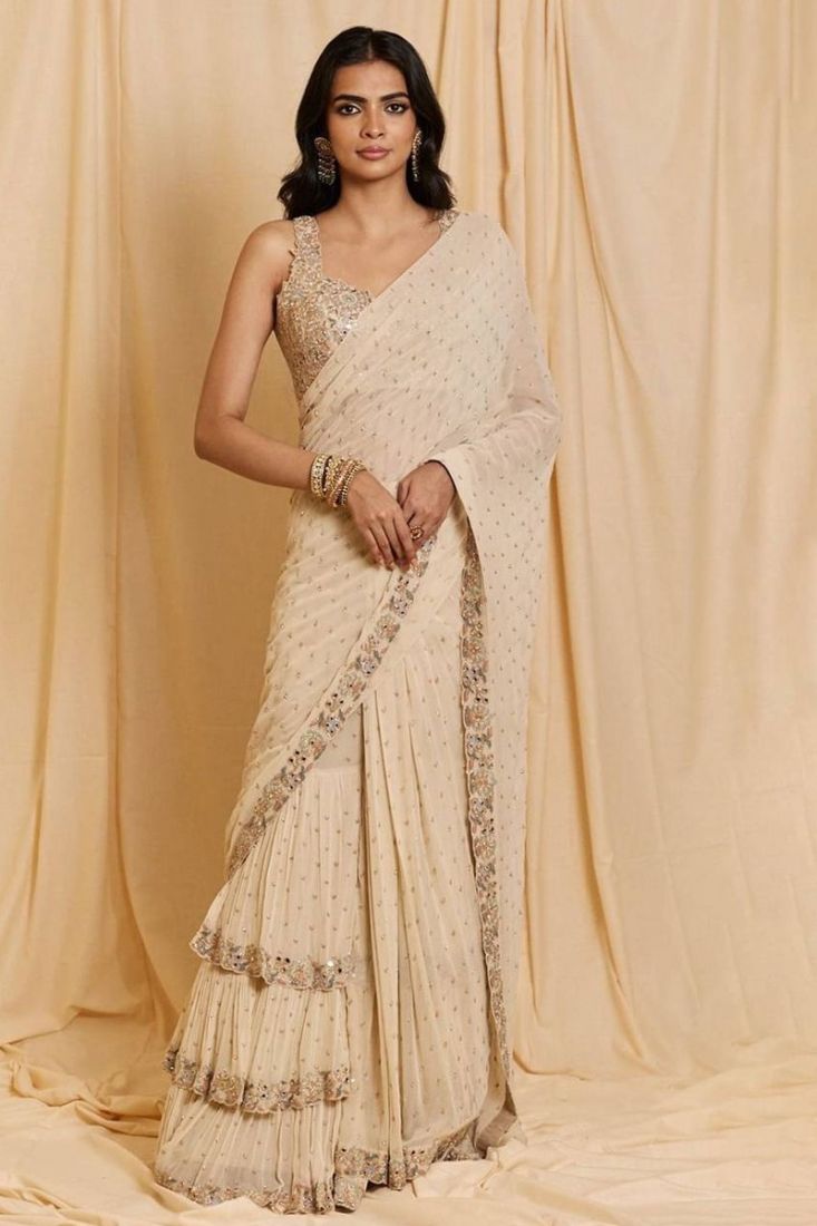 Buy uttamvastra786 New White Ruffle Red Blouse Bollywood Designer Ruffle  Saree Party Wear Frilled Border Sari Online at desertcartUAE