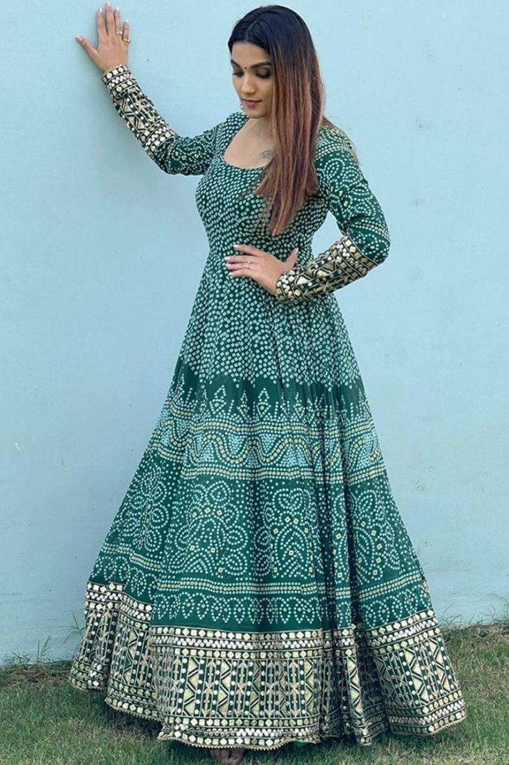 Georgotte Bandhani Anarkali/ maxi/ gown with georgotte Dupatta | Long  sleeve dresses fall, Designer party wear dresses, Long gown design