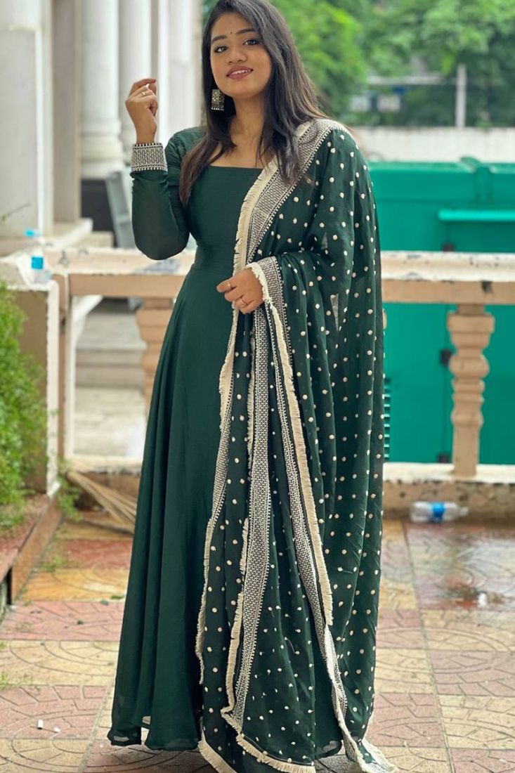Dark Green Plain Gown With Embroidered Dupatta