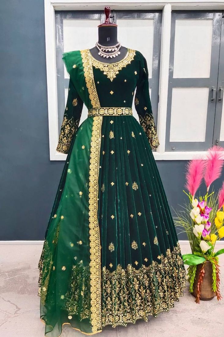 Embroidered Art Muslin Silk Flared Gown in Green : TPA2846