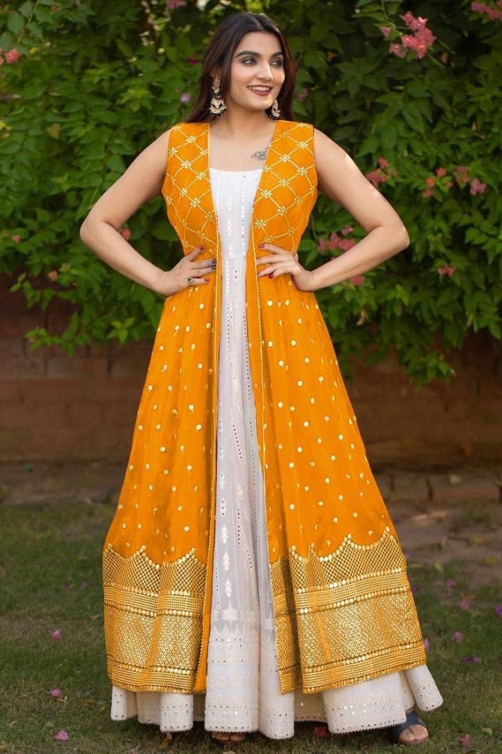 2425 White Anarkali Gown with Colorful Work  Shamas Collection