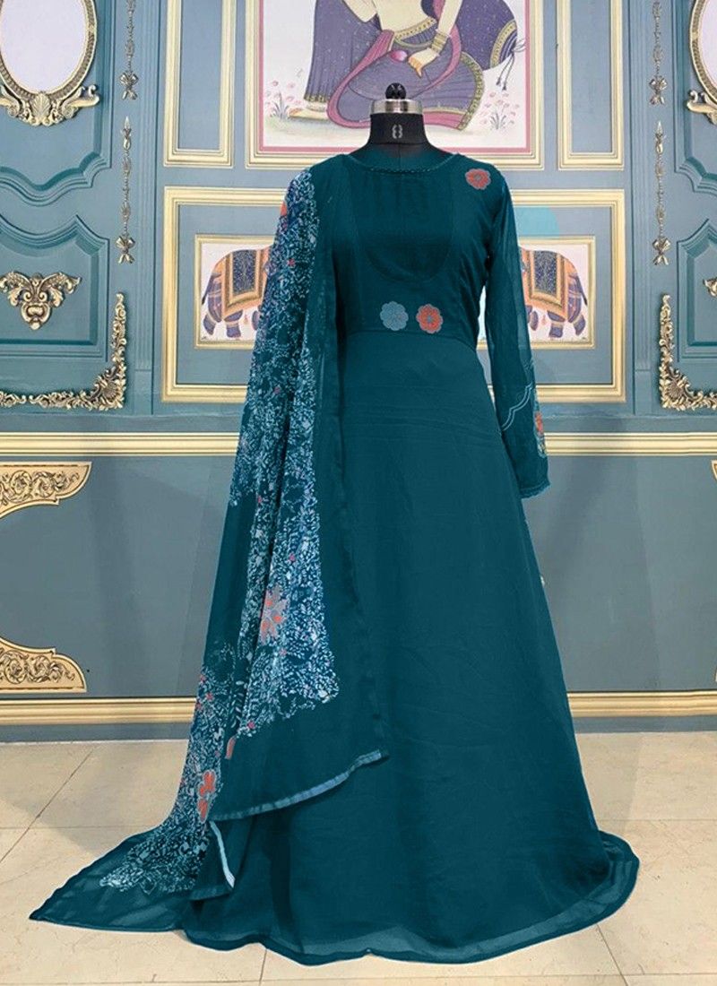 Kajol Teal Gown With Printed Dupatta