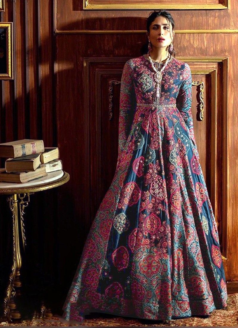 KD1118 Bollywood Kareena Kapoor Khan Blue Velvet Silk Anarkali Gown