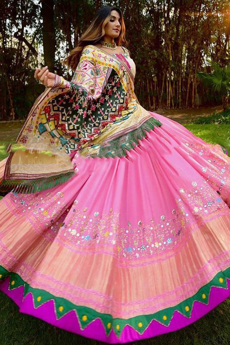 Light Pink Digital Printed Real Mirror Work Lehenga Choli For Dandiya Night