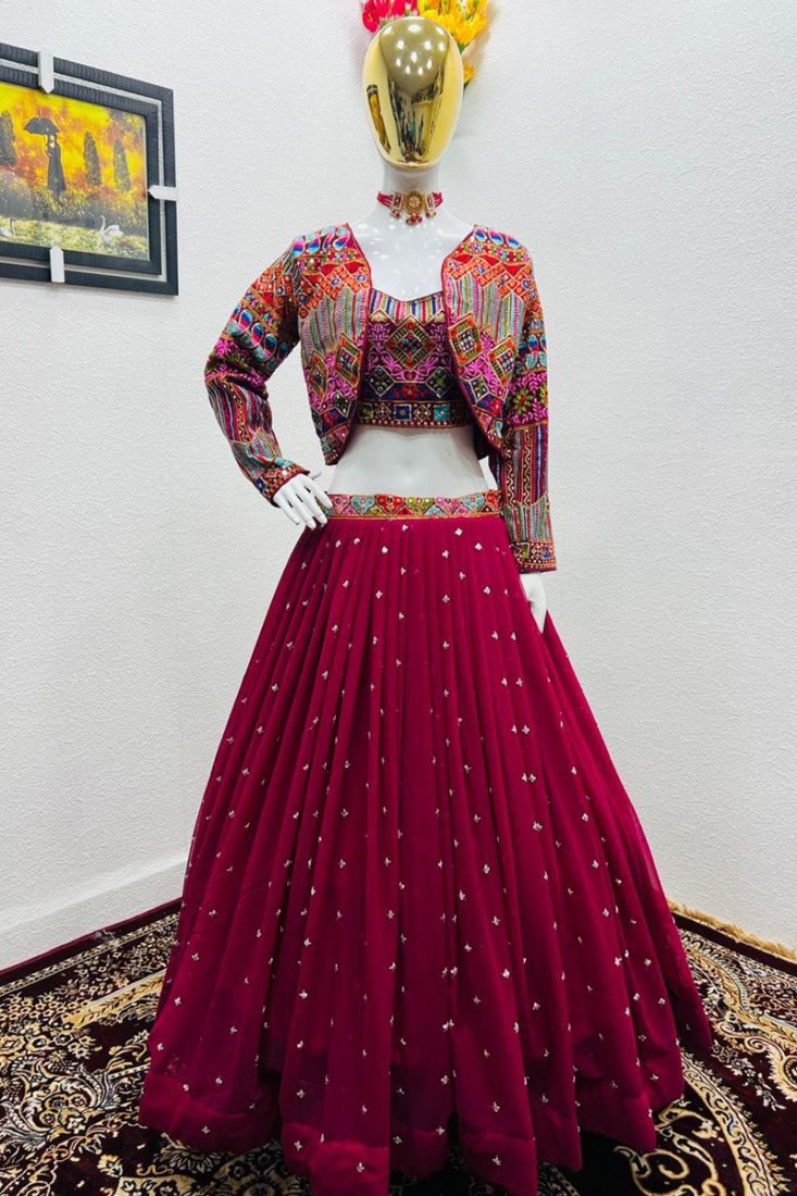 magenta pink embroidery work readymade lehenga choli with shrug ft3001403