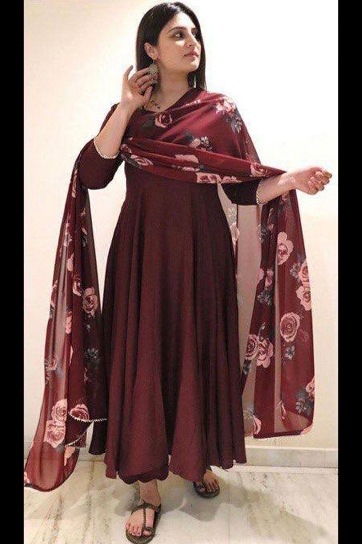 Maroon and Yellow georgette plain semi stitiched party wear gown with  dupatta - Sundram Fab - 909244