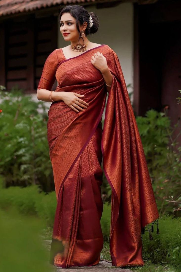 Banarasee Kubera Pattu Soft Silk Saree With Copper Zari Work-Wine-sgquangbinhtourist.com.vn