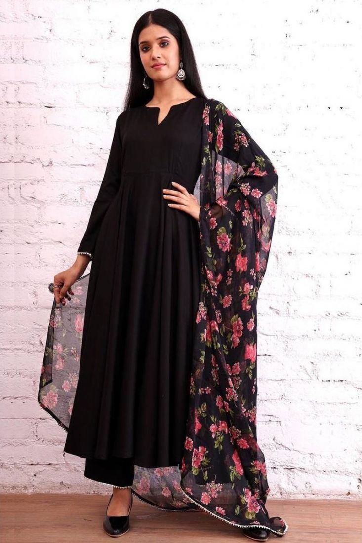 Midnight Blue Plain Anarkali Gown With Flower Printed Dupatta