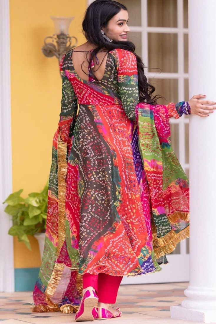 Multi Color Bandhani Printed Anarkali Style Gown