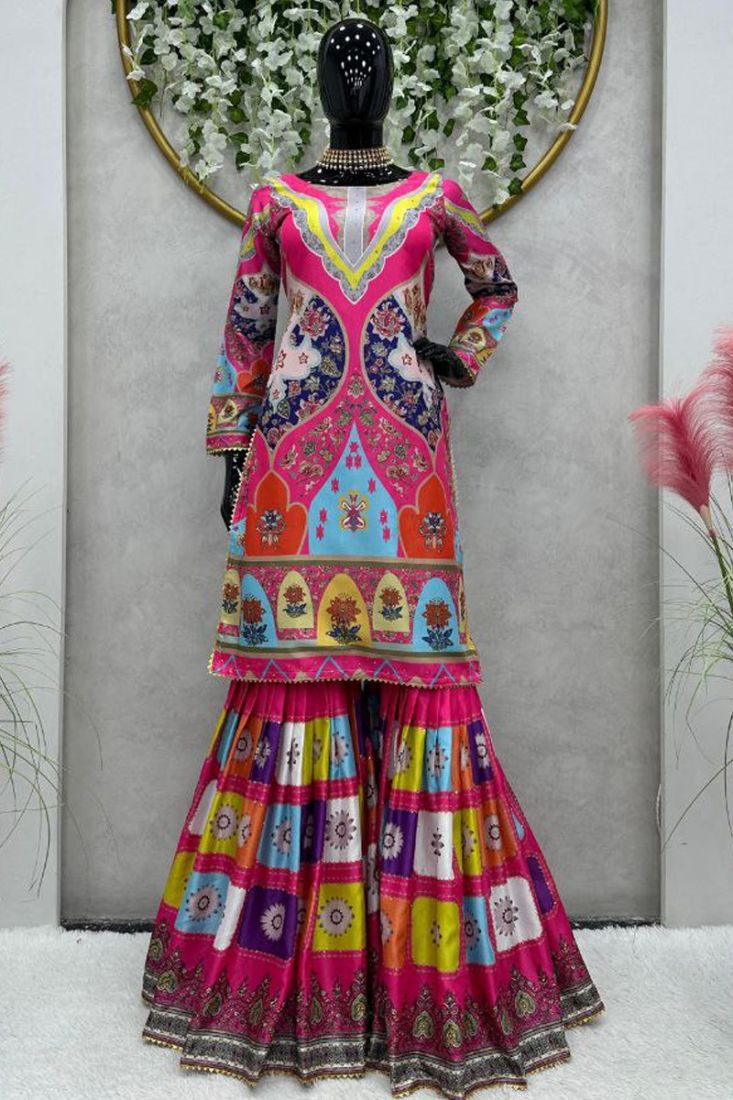 Multi Color Digital Printed Satin Silk Sharara Salwar Suit