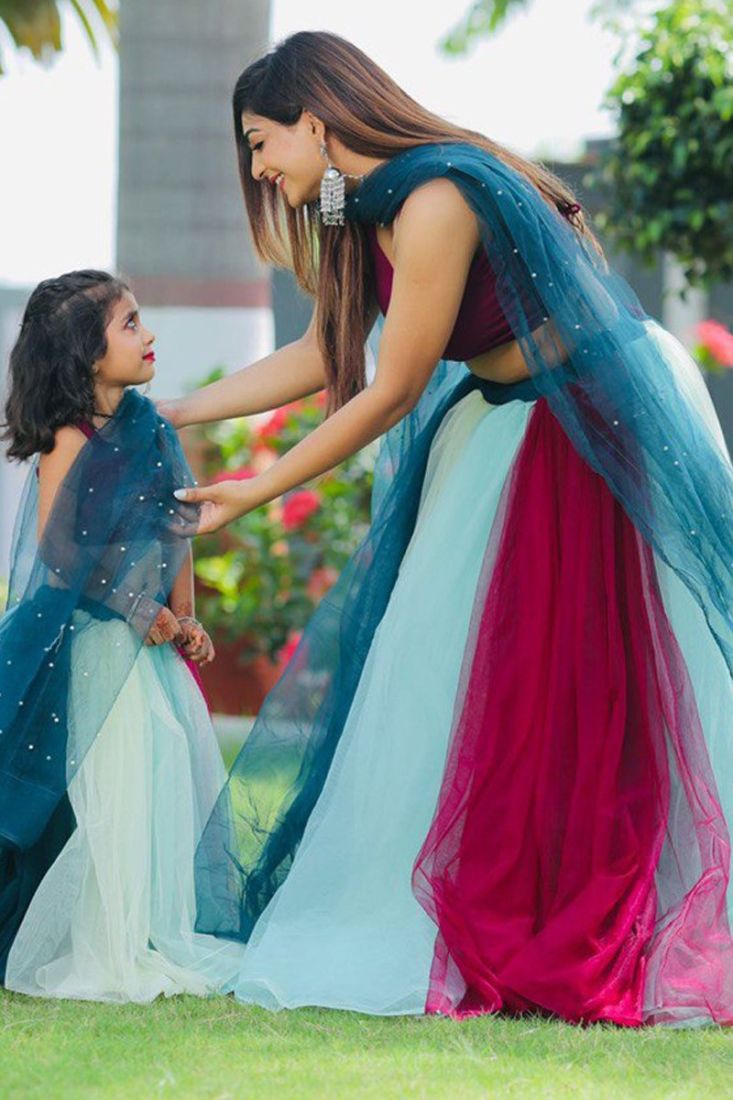 Multi Color Soft Butterfly Net Mother Daughter Lehenga Choli Combo