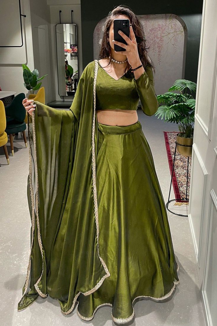 Olive Green Plain Rangoli Silk Lehenga Choli