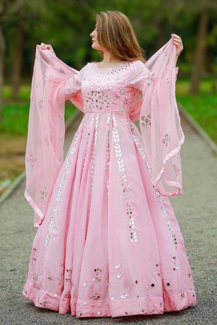 Pale Pink Faux Georgette Mirror Work Anarkali Style Gown