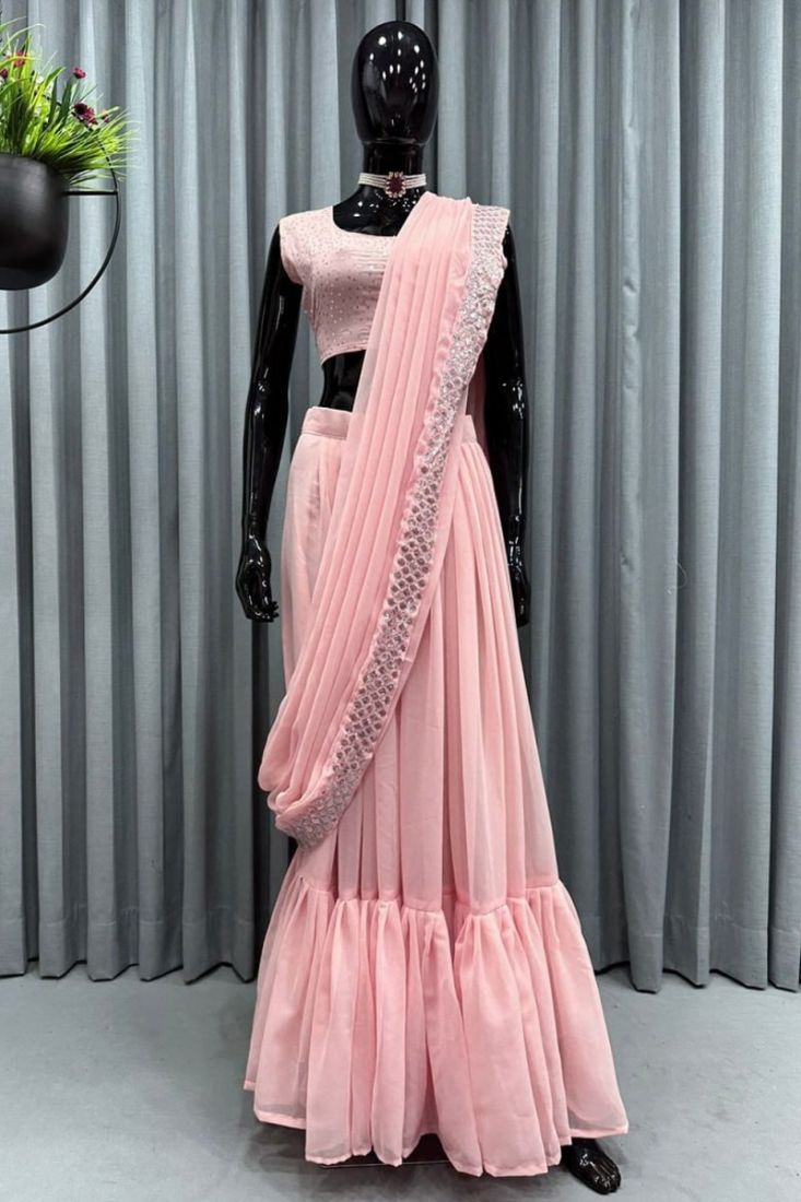 Pink Floral Lehenga Choli with attached dupatta - Babeehive