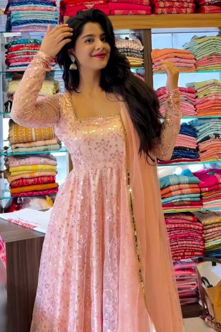 Buy Peach Anarkali Suit Set With Sequins and Threadwork