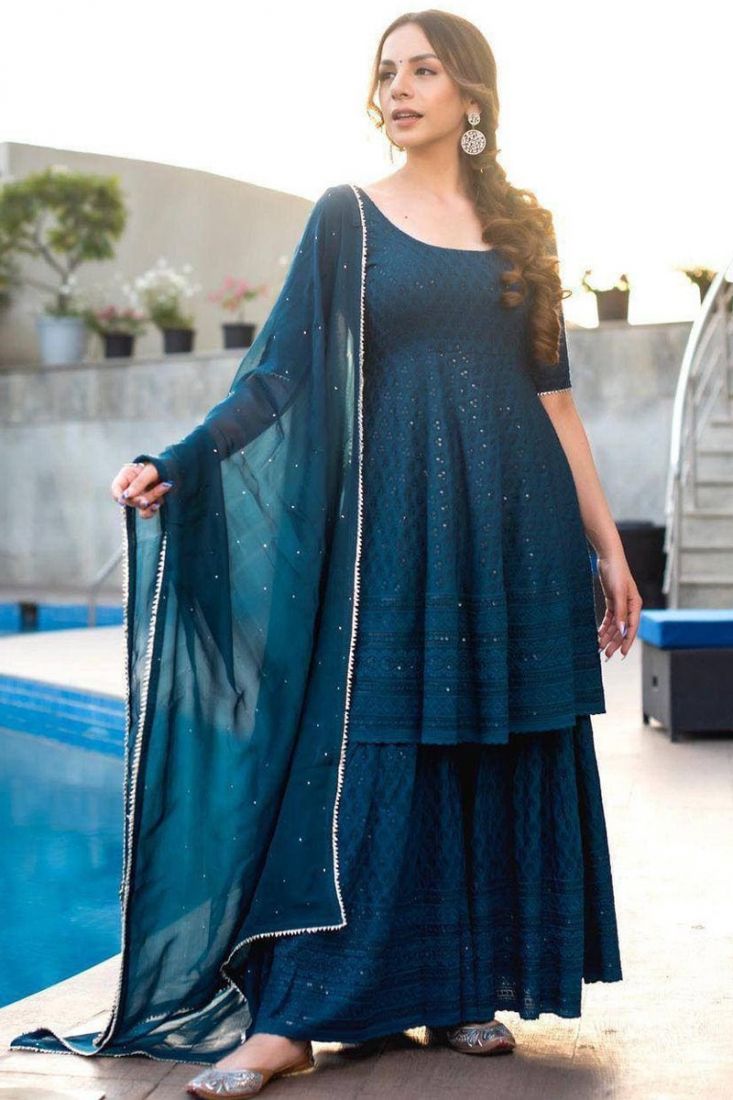 Peacock Blue Georgette Sequence Work Palazzo Salwar Suit
