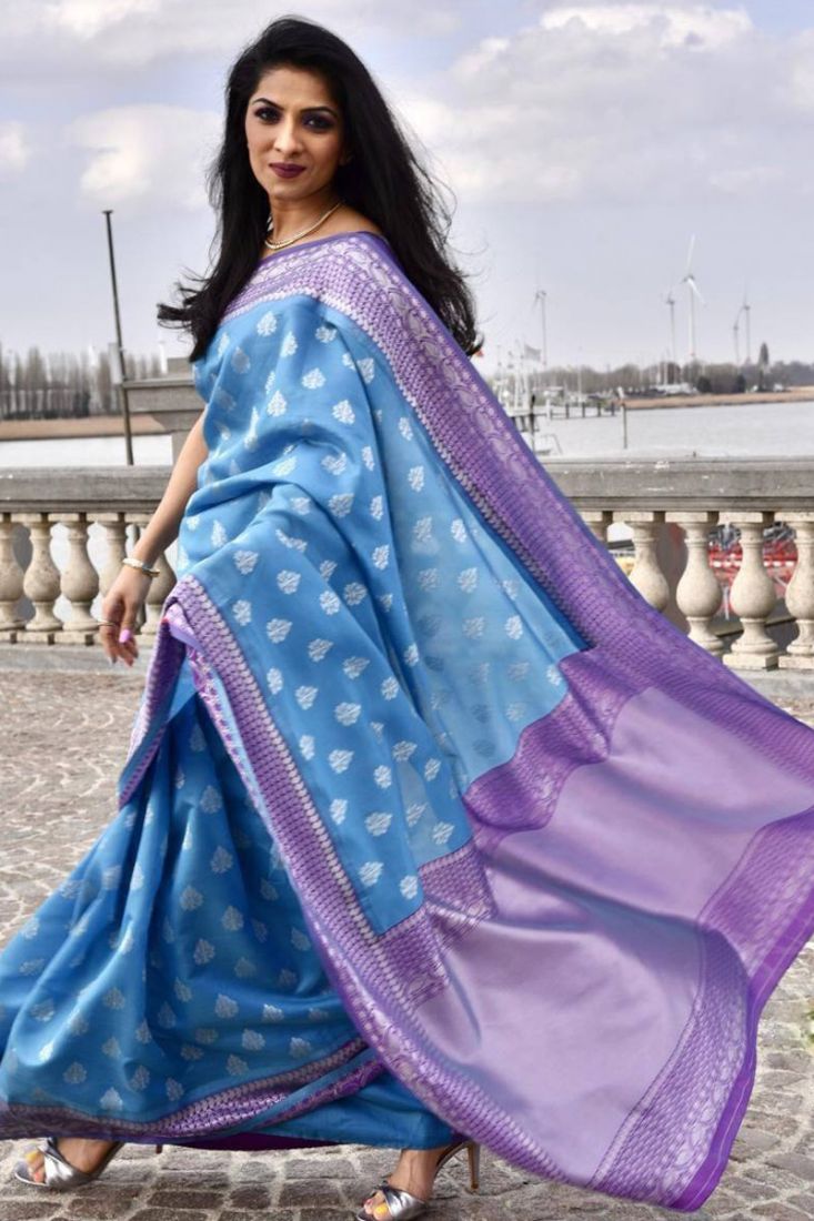 Pastel blue saree | Bridal sarees south indian, Wedding saree blouse  designs, Silk saree blouse designs