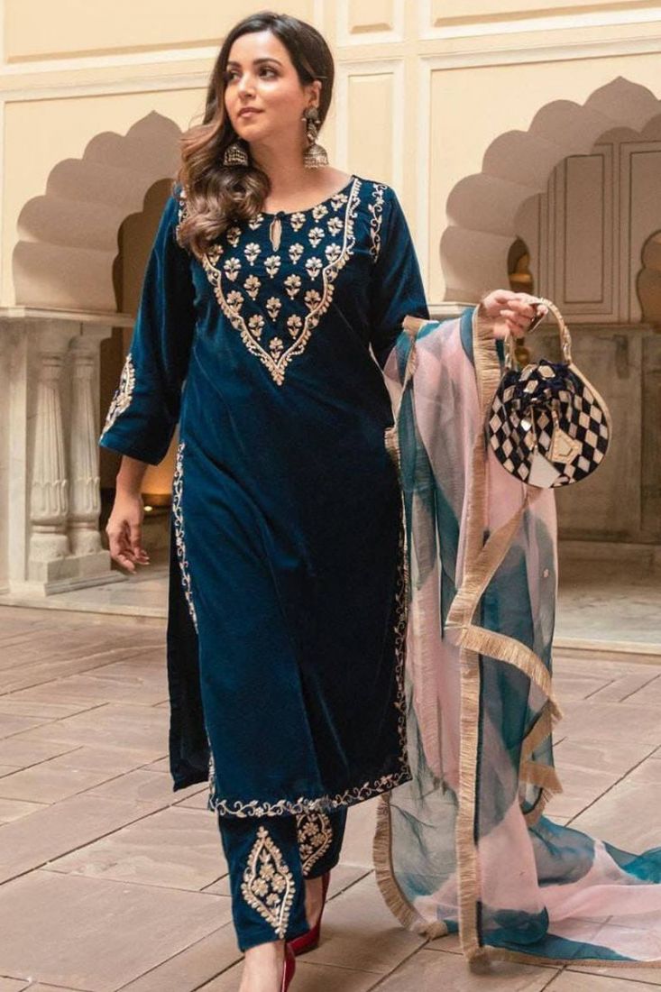Peacock Blue embroidery georget silk semistitch straight suits palazzo  salwar suits - Aarshi Fashions - 3969069