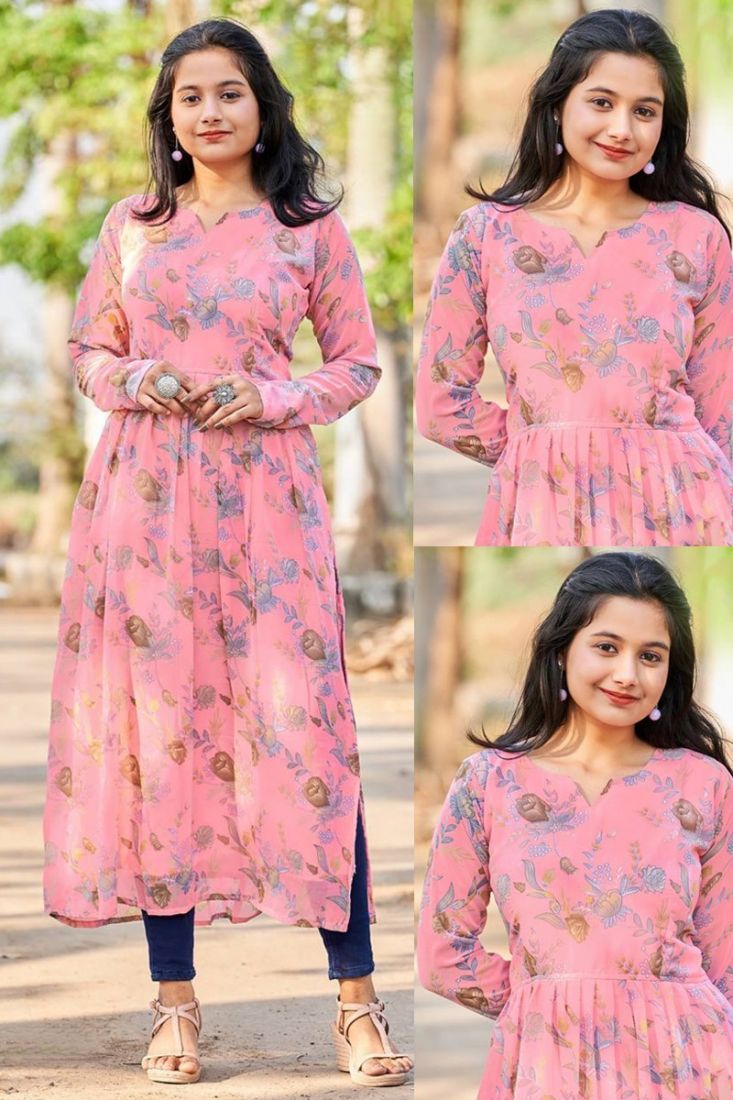 Lucknowi Georgette Kurti For Women Pink Chikan Embroidery Anarkali Kurta/ Kurti | eBay