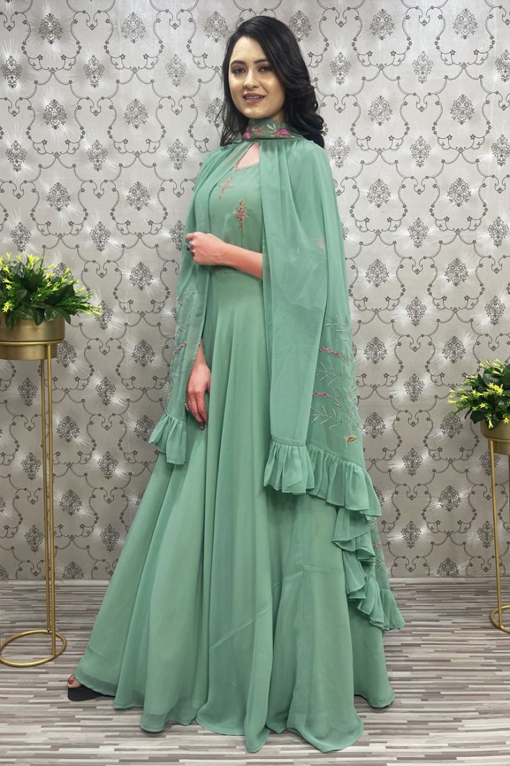 Pista Green Plain Long Gown With Shrug