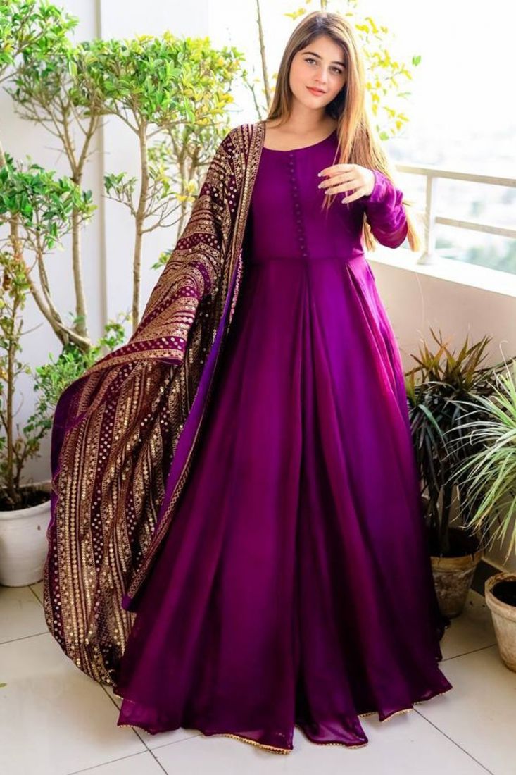 Party Wear Wine Color Plain Long Gown With Dupatta - Clothsv